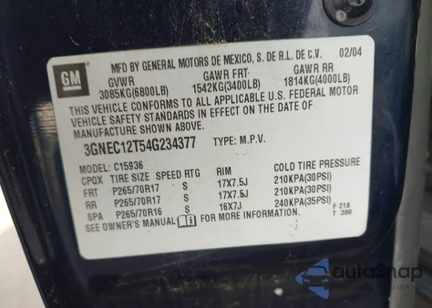 2004 Chevrolet Avalanche 1500 from USA, damaged, VIN 3GNEC12T54G234377